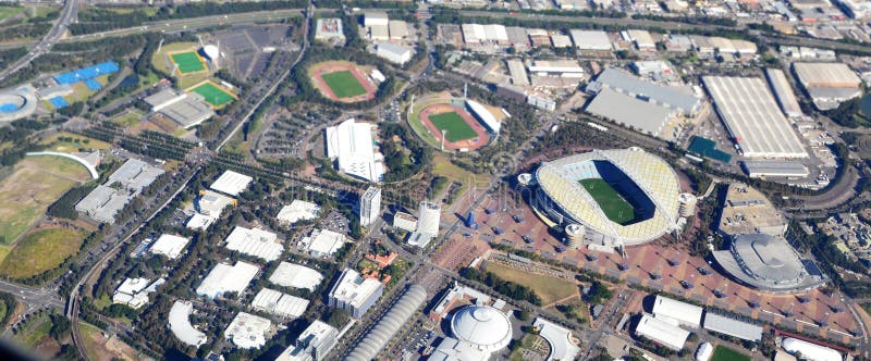 Flying over Sydney Olympic Park showing the various sports stadiums and concert venues. Flying over Sydney Olympic Park showing the various sports stadiums and concert venues